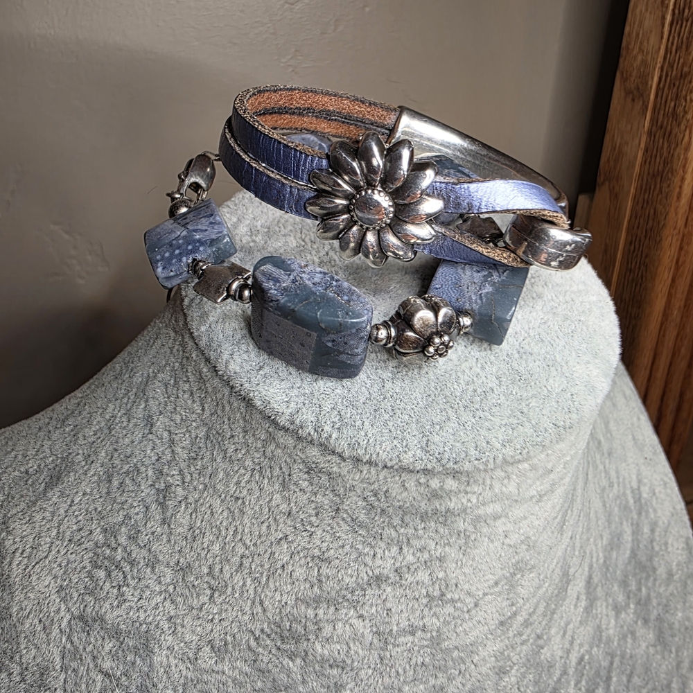 2 Floral Silver and Blue Bracelets- 1 with Blue Stones Closure Stamped 925